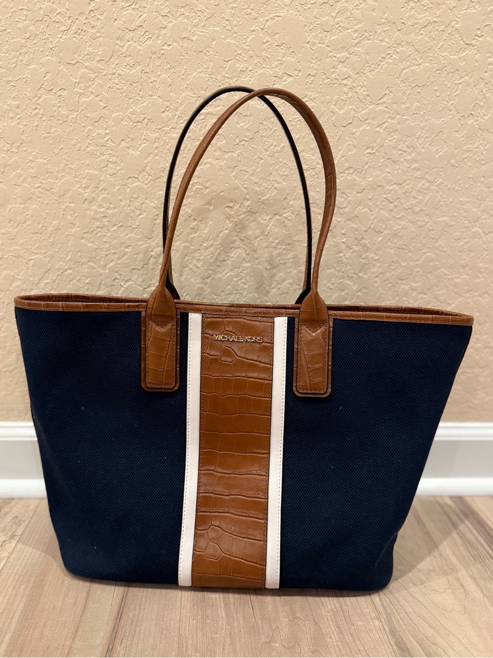 Michael Kors Navy Tote with Brown Leather Trim and White Stripe